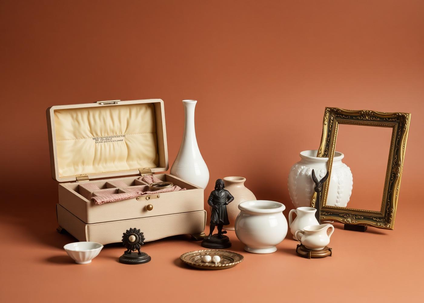 Assorted household collectibles arranged for cataloging against a muted clay backdrop