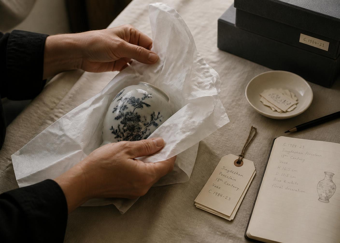 Hands wrapping a porcelain vessel in tissue paper beside handwritten cataloging notes and tags