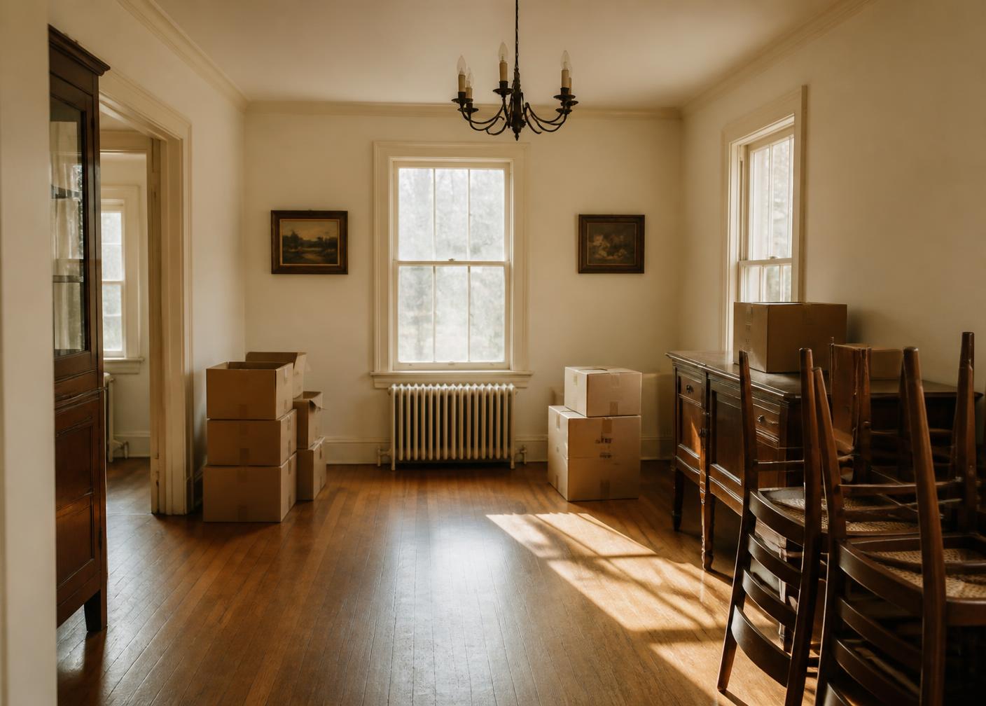 A dining room in an older home, partly packed with boxes and stacked chairs, sunlight across the floor